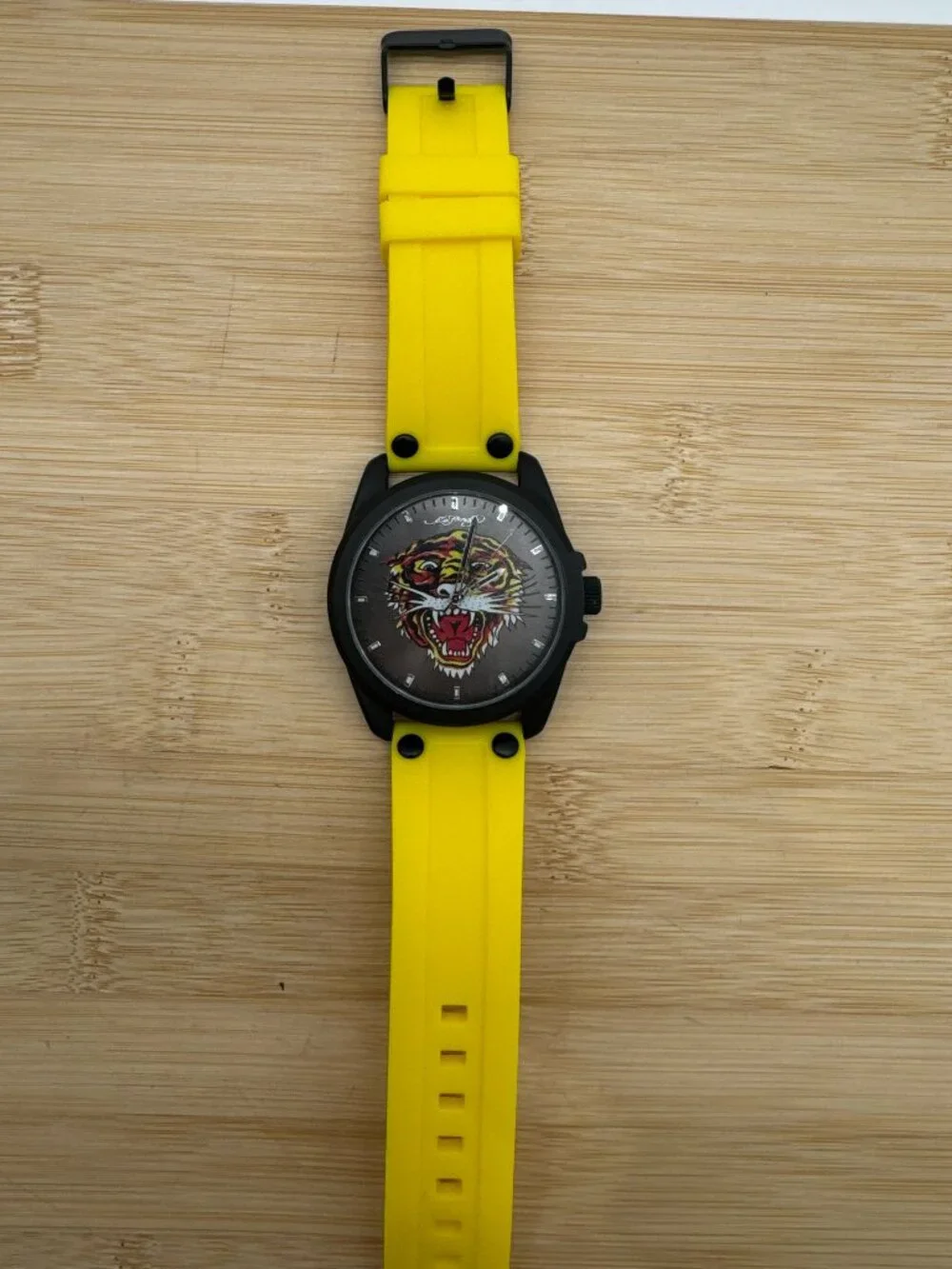 Ed Hardy Men's Tiger Dial Watch Yellow Silicone Strap Black Case Quartz